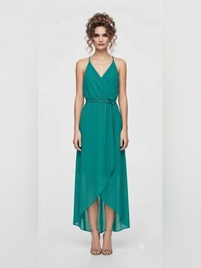 Zara Trafaluc Turquoise Chiffon High-Low Maxi Dress Size XS Belted Empire Waist